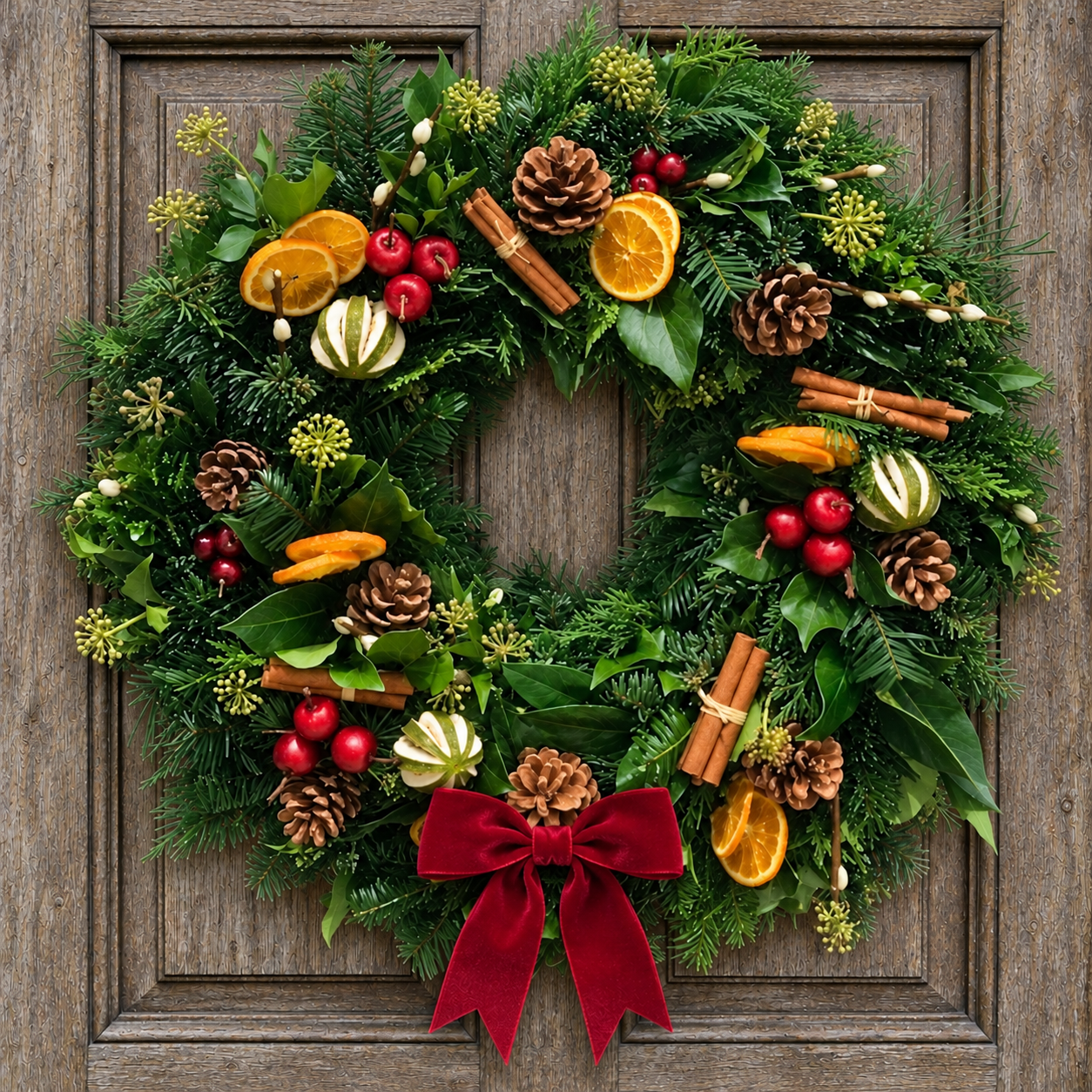 Classic Red Bow Christmas wreath on a weathered wooden door, with mixed evergreen foliage, pine cones, dried citrus, cinnamon and red berries, finished with a medium red bow at the bottom