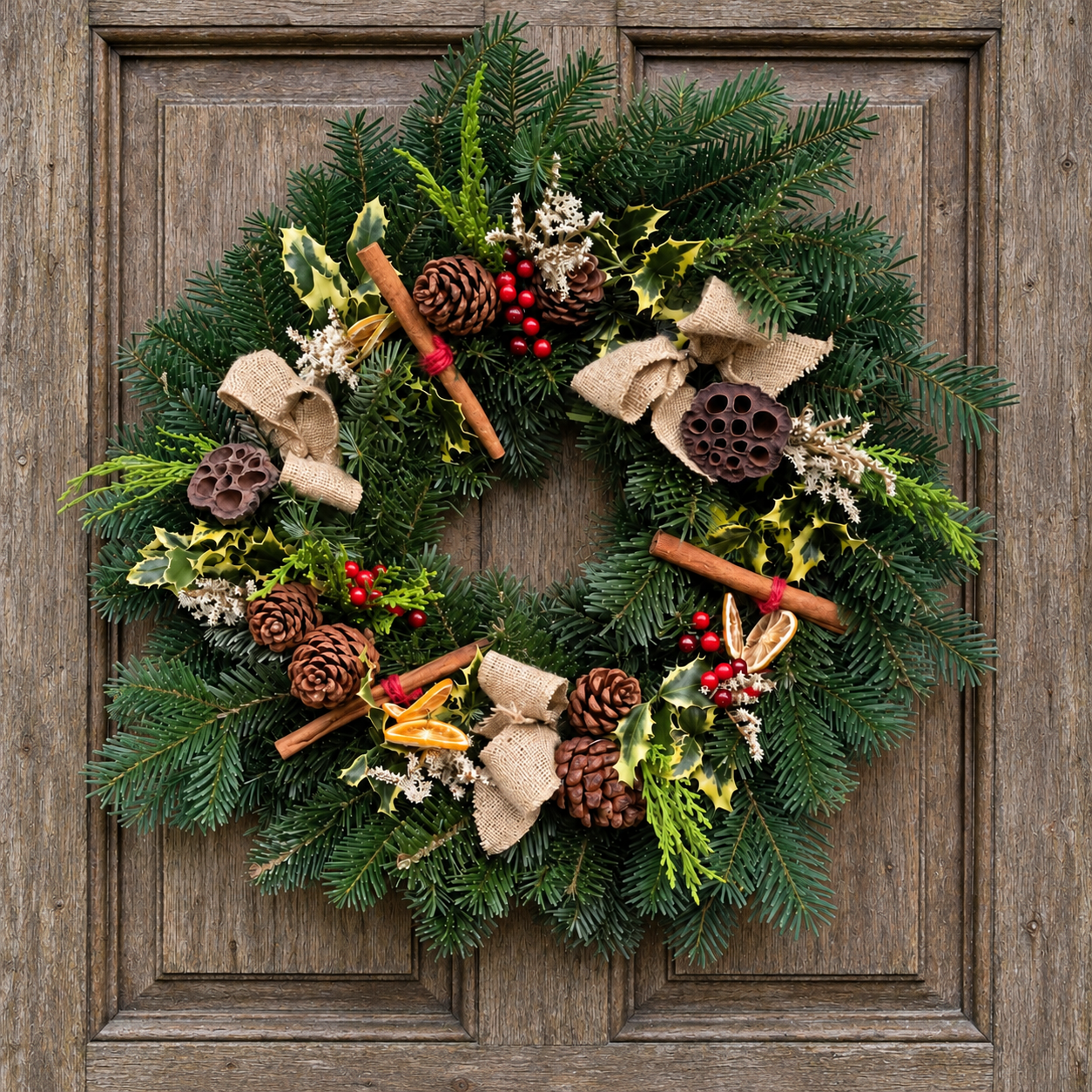 Rustic Christmas wreath on a weathered wooden door, with evergreen foliage, pine cones, cinnamon sticks, dried citrus, red berries and hessian bows
