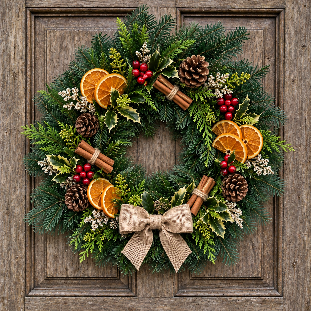 Spiced Citrus Christmas wreath on the weathered wooden door, with evergreen foliage, dried orange slices, tied cinnamon bundles, pine cones, red berries and a natural hessian bow