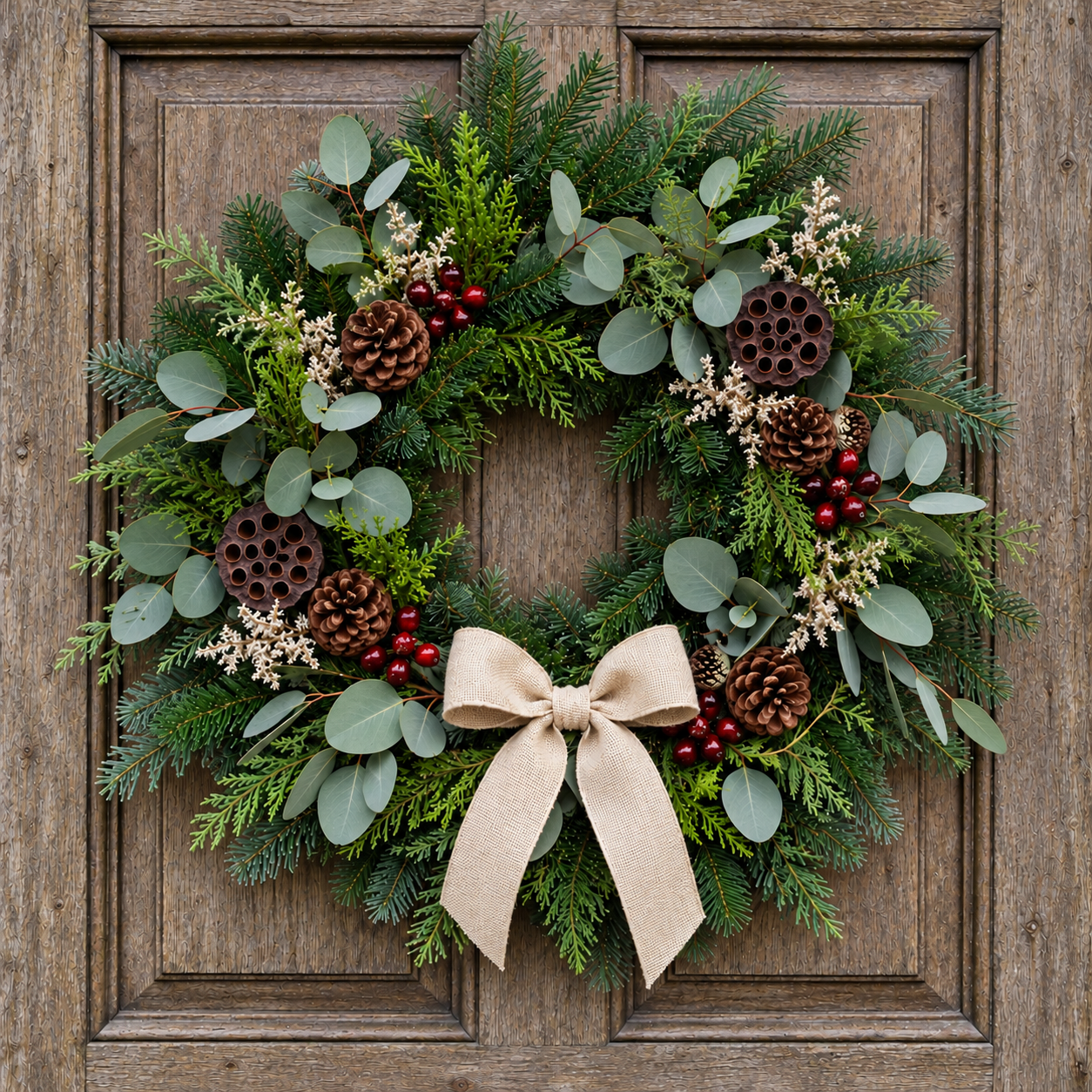Winter Eucalyptus Christmas wreath on the weathered wooden door, with silver-sage eucalyptus, evergreen foliage, pine cones, lotus seed pods, small red berries and an ivory bow