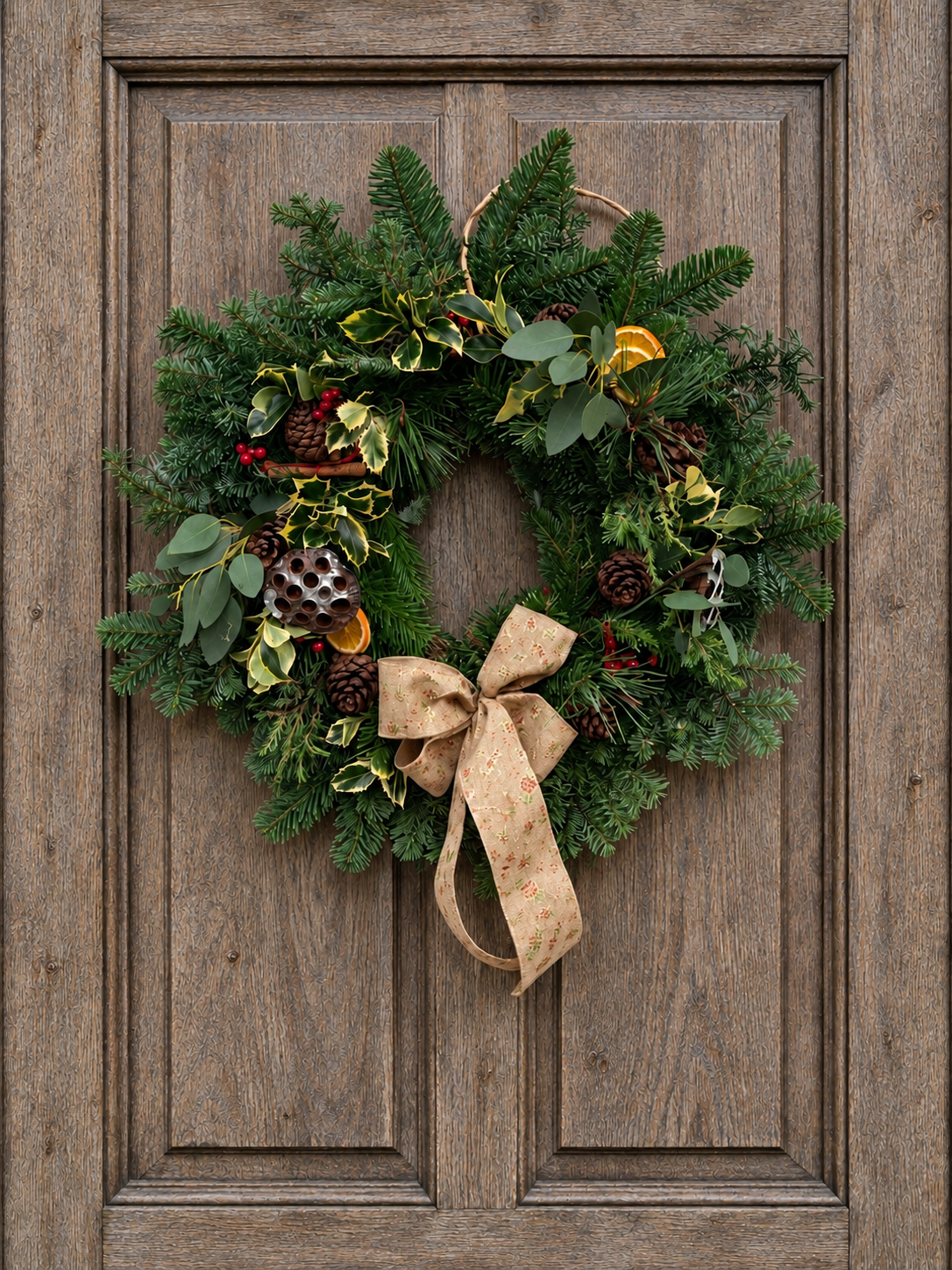 Woodland Bow Christmas wreath on a weathered wooden door, with evergreen foliage, eucalyptus, holly, pine cones, dried citrus and a large patterned hessian bow